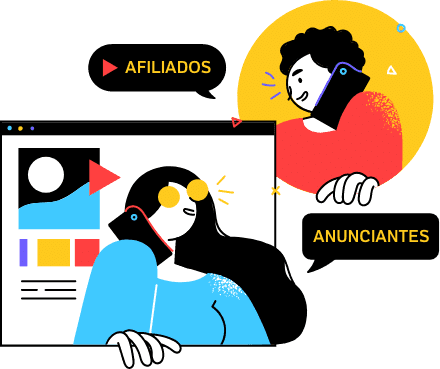 Ilustração de duas pessoas conversando sob um fundo de janela de software